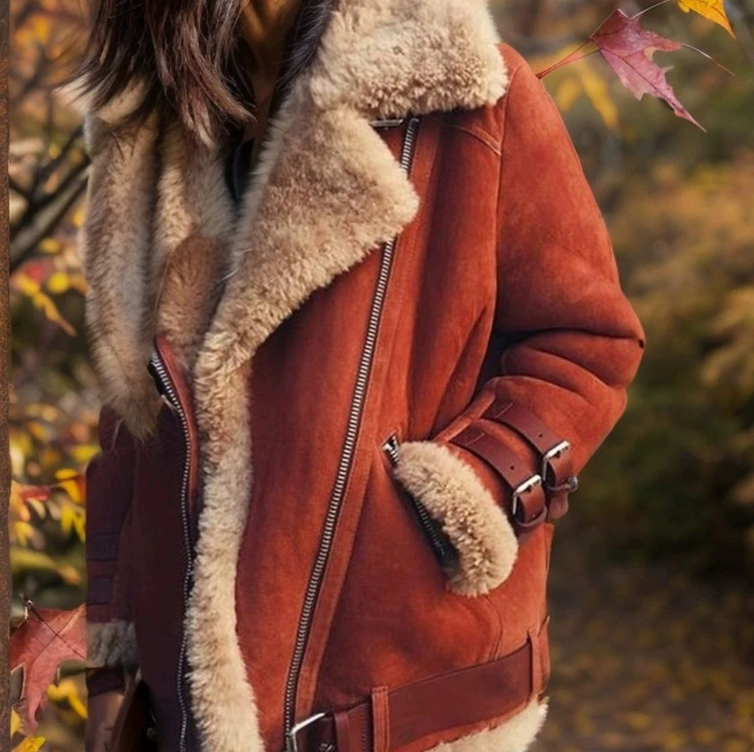 2025秋冬新作 レディース バイクジャケット |   襟付きファー コットン スエード ラムウールコート |   ゆったりとした厚手の暖かいファー襟