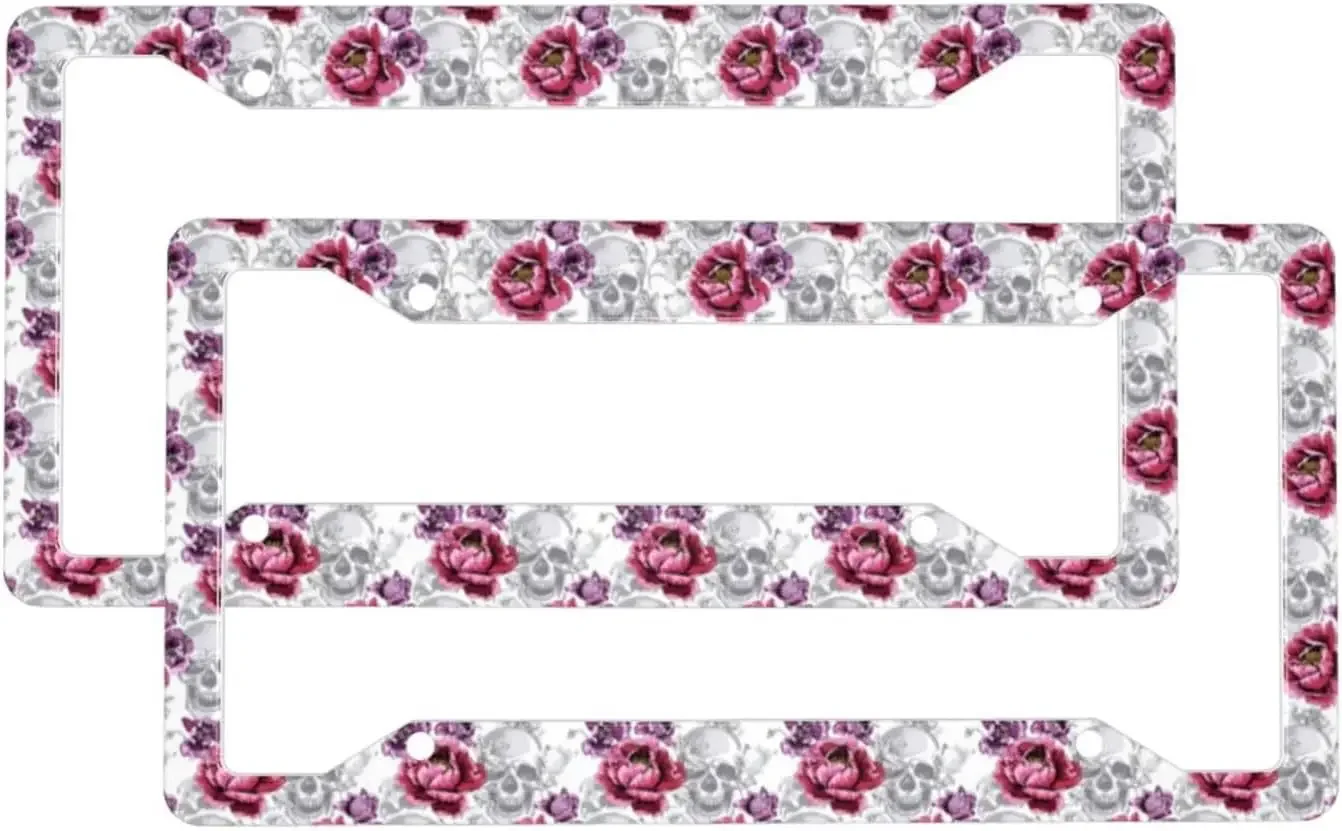 

Skull Flower Pattern Car License Plate Frame 2 Pack License Plate Holder with 4 Holes Car Tag Frame for Women Men US Vehicles