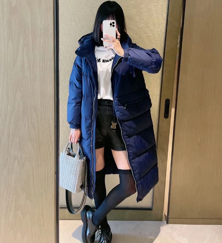 Winter Warm New in Loose Straight Overcoat 90% White Goose Zipper Hooded Luxury Long Coats Puffer Down Jacket Women 2022