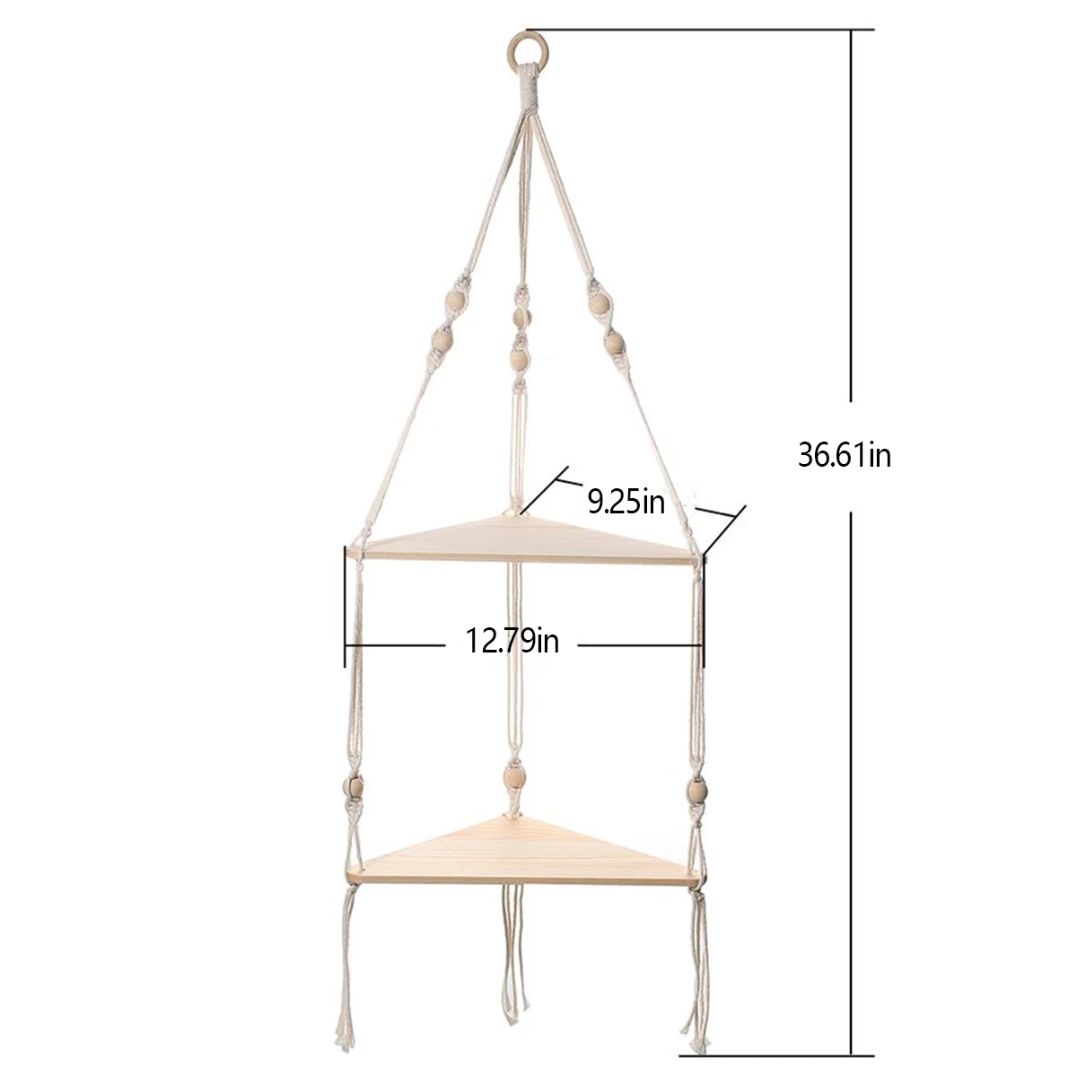 Triangle Floating Wall Shelf 1/2/3-Tier Wooden Wall Shelves Hanging Corner Display Stand with Wood Bead Boho Rustic Home Decor