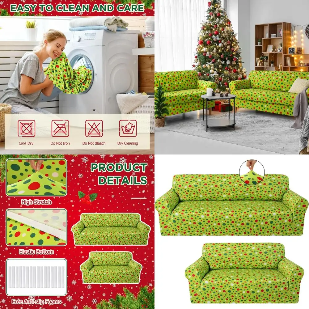 

Christmas Lime Green & Red Dot Sofa Cover Set for Loveseat, Spandex Stretch, Wrinkle-Resistant Furniture Protector