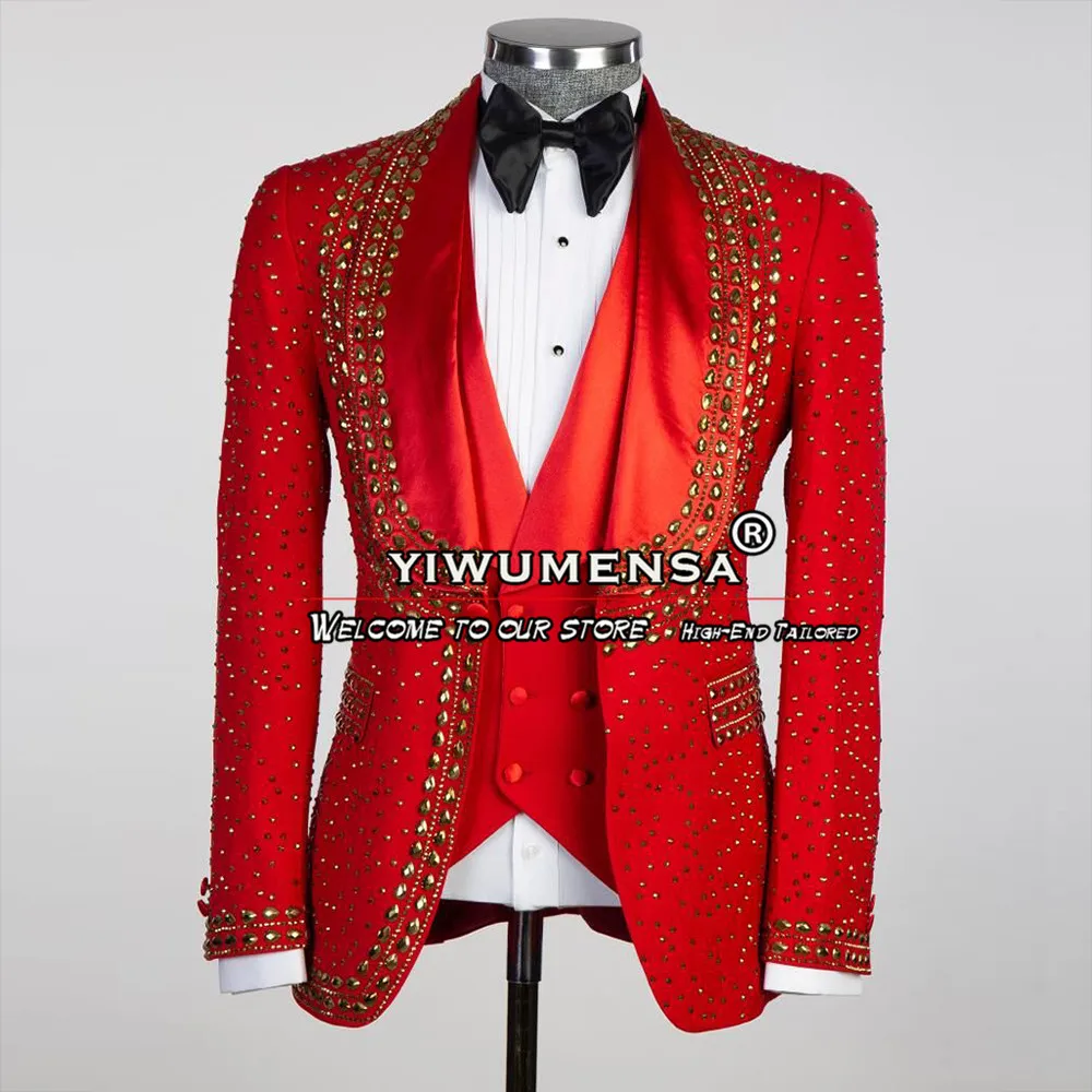 Luxury Red Wedding Suits For Men Gold Beads Handmade Jacket Vest Pants 3 Pieces Groom Man Prom Dinner Tuxeods Chic Costume Homme