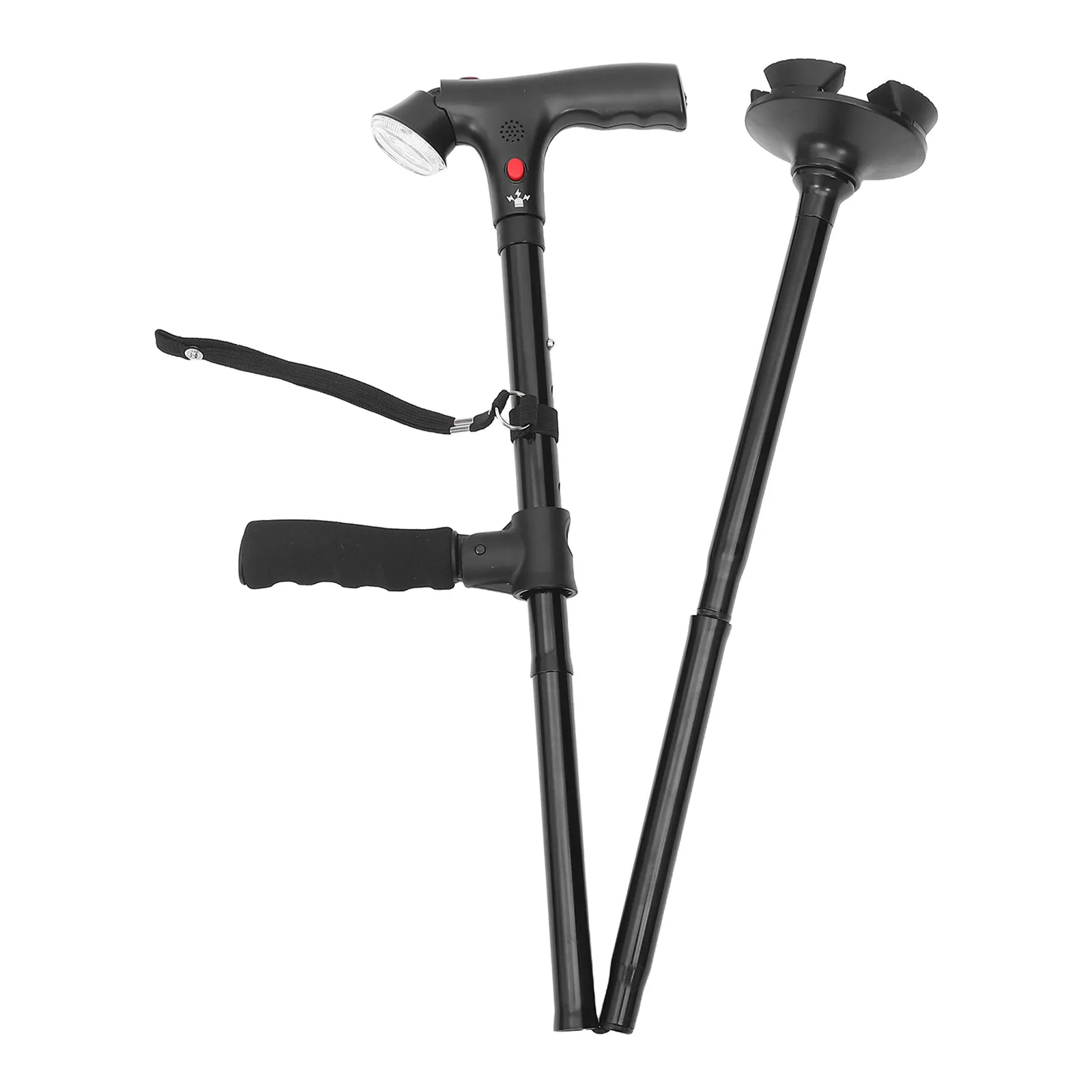 LED Telescopic Collapsible Folding Cane 5-Level Adjustable Height Walking Stick Anti-Skid 4-Feet Base Alarm Light for Elderly