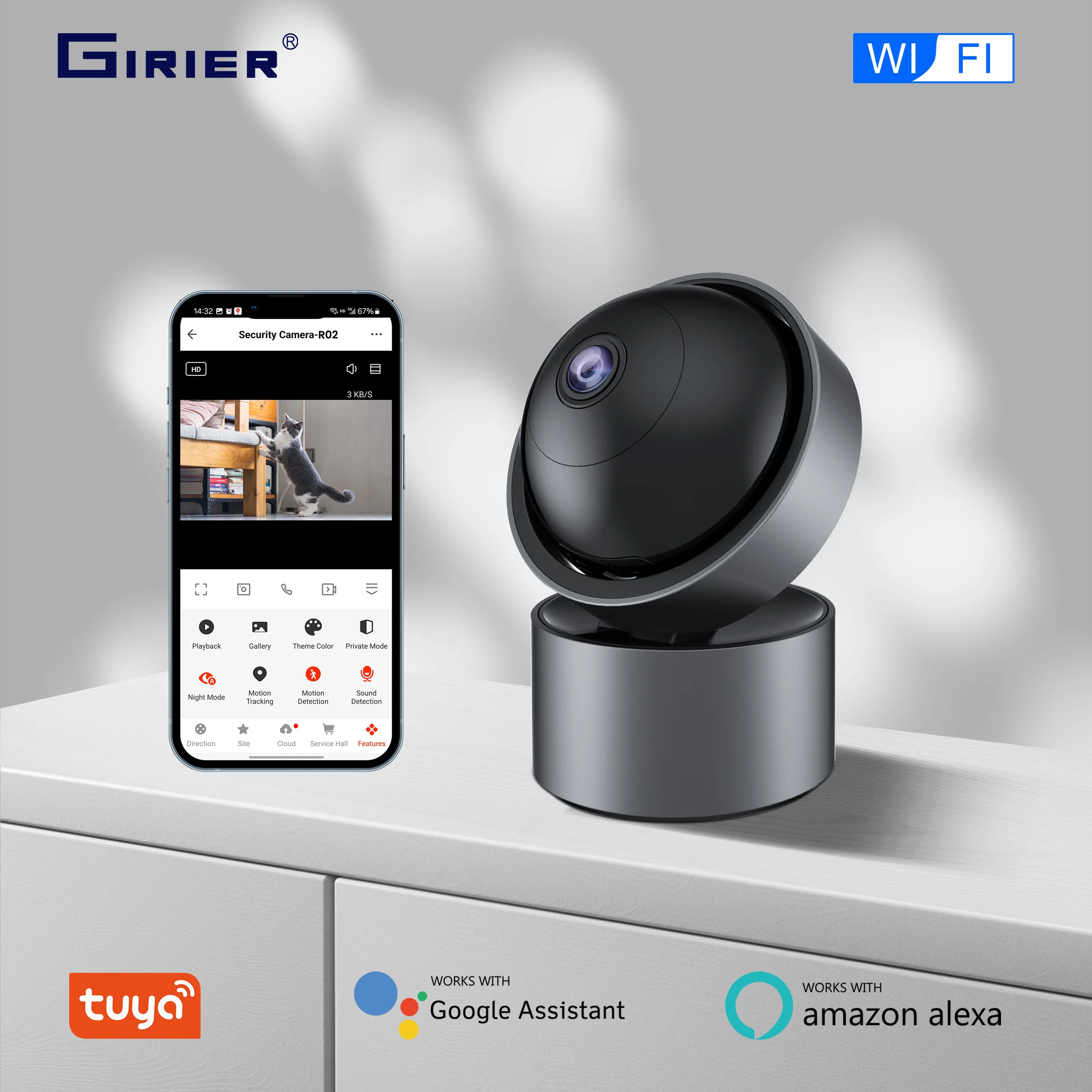 GIRIER Tuya WiFi Smart Security Camera 3MP Indoor IP Camera with Pan Tilt Supports Motion Tracking Two-way Talk Works with Alexa