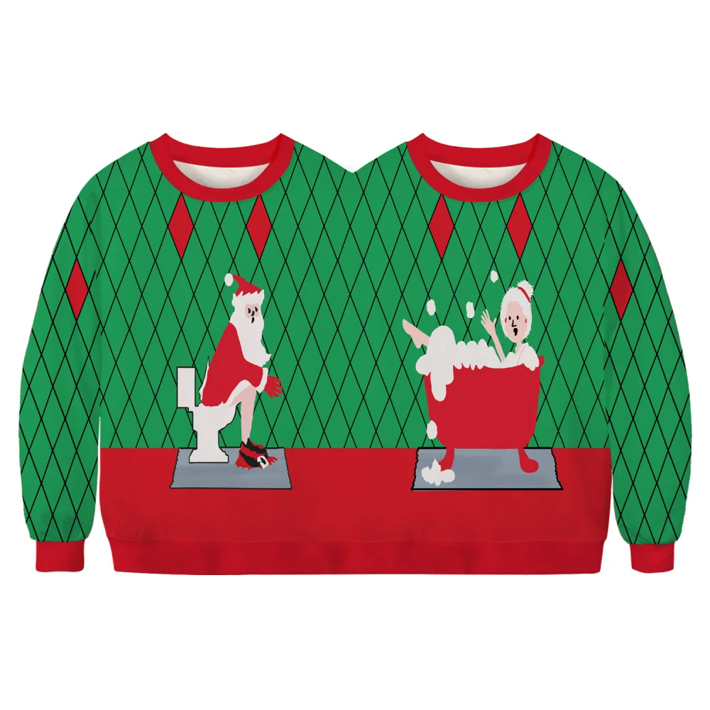 Mens and Womens Two Person Ugly Christmas Sweater 3D Printed Funny Conjoined Sweatshirt Couple Clothes for Xmas Party