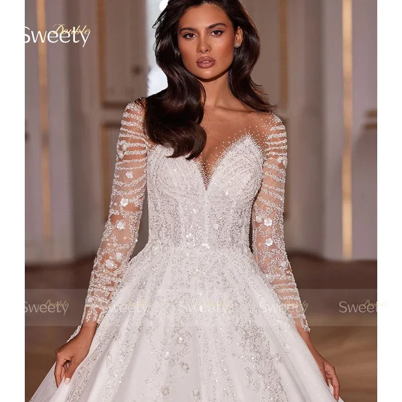 Luxurious Wedding Dress Embroidered Lace On Net With Sequins Ballgown O-Neck Full Sleeve Bride Button Robe De Mariee Customized