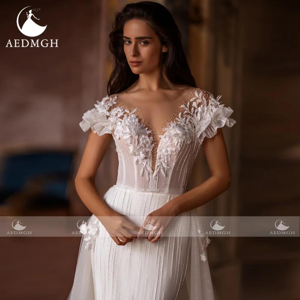 Aedmgh sereia vestidos de casamento querida boné manga vestido de novia renda 3d flores trem destacável feito sob encomenda vestido de noiva