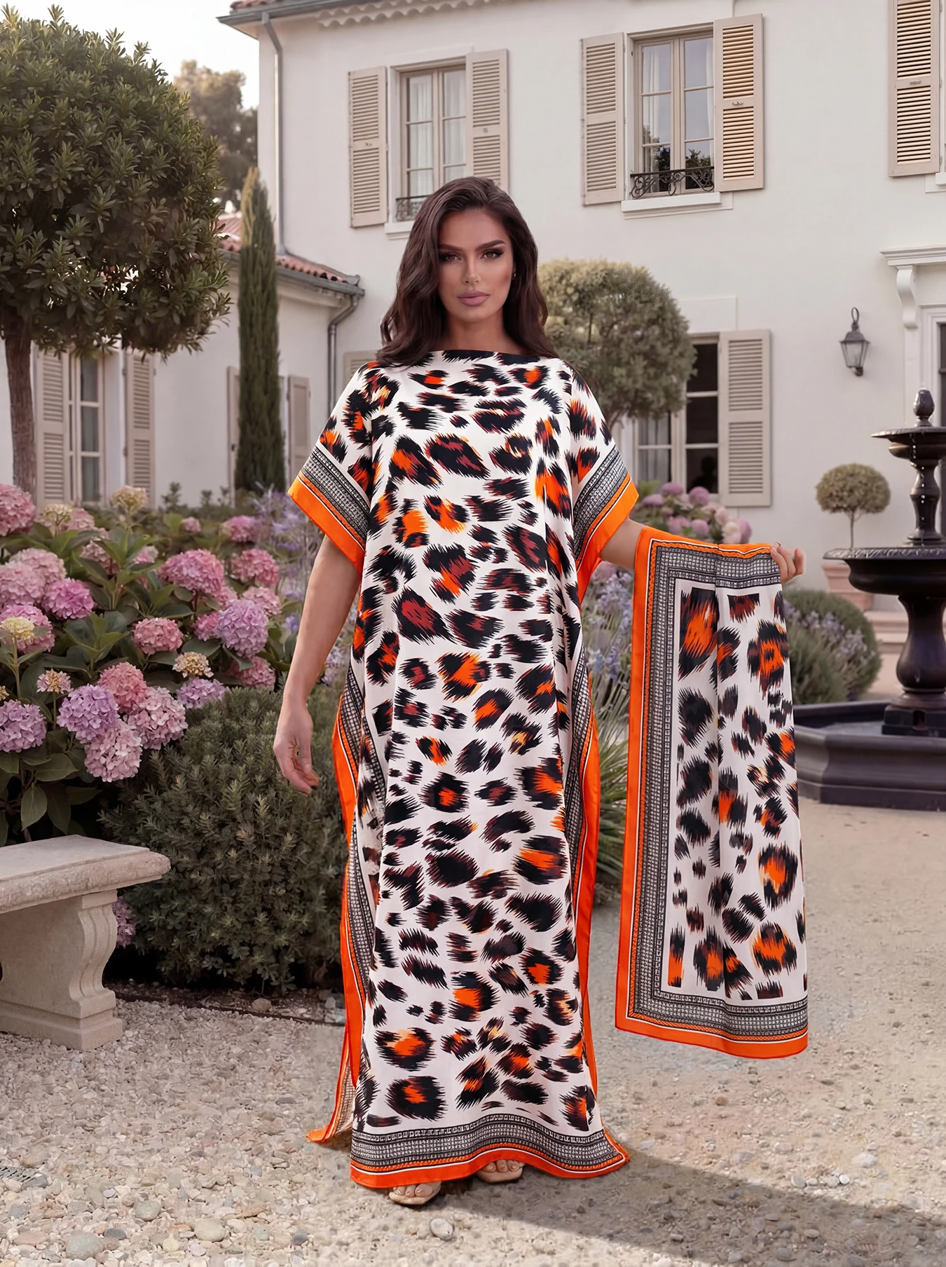 Leopard Print Ethnic Border Satin Abaya Scarf Set, Loose Batwing Maxi Kaftan For Muslim Women Summer Beach Vacation Wear view 5
