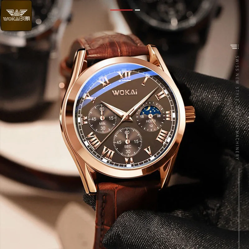 

Reloj Hombre 2023 Hot Sale Classic Roma Watch Men Brown Watches WOKAI Leather Band Quartz Wristwatches Men Cheap Price Best Gift