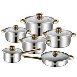 Stainless Steel Pot Set 12-piece Set Gold Handle Set Non-Stick Frying Pan