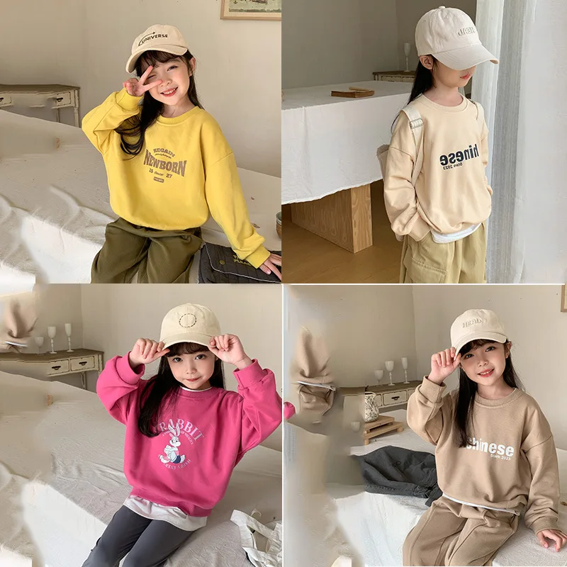 Korean children's 2024 spring children's cartoon printed hoodie boys and girls short round neck long sleeve hoodie T-shirt