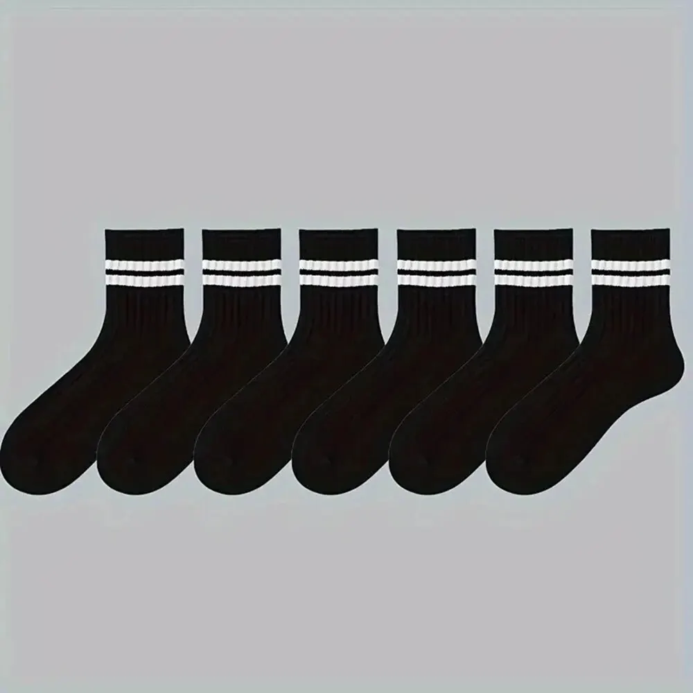 Chaussettes mi-tube respirantes à rayures noires et blanches pour hommes, chaussettes décontractées simples, chaussettes à col rond, haute qualité, printemps, automne, 6 paires