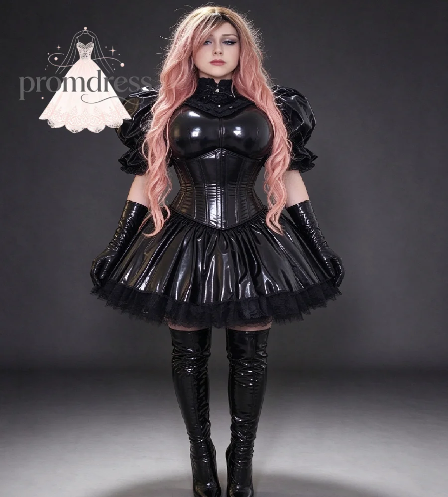 Black Shiny PVC Sissy Prom Dress 2027 High Neck Lace Ruffle Mini Gothic Doll Halloween Cosplay Party Costume Evening Cocktail