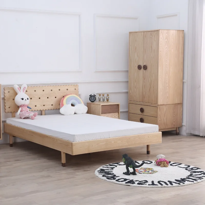 Ash wood children's wardrobe black walnut buttons simple solid wood storage cabinet biscuit bed