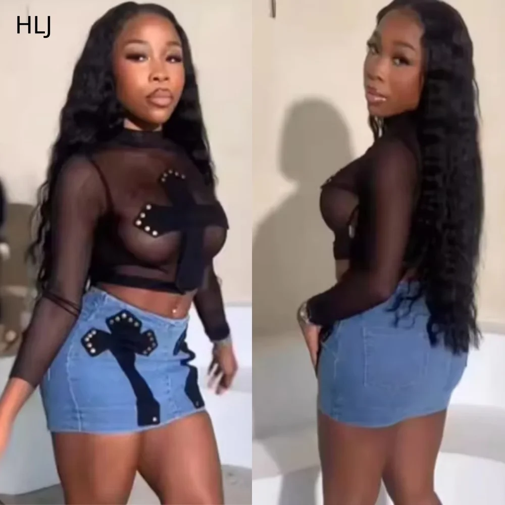 

HLJ Black Sexy New Mesh Embroidery Perspective Two Piece Sets Women Round Neck Long Sleeve Slim Crop Top and Mini Skirts Outfits
