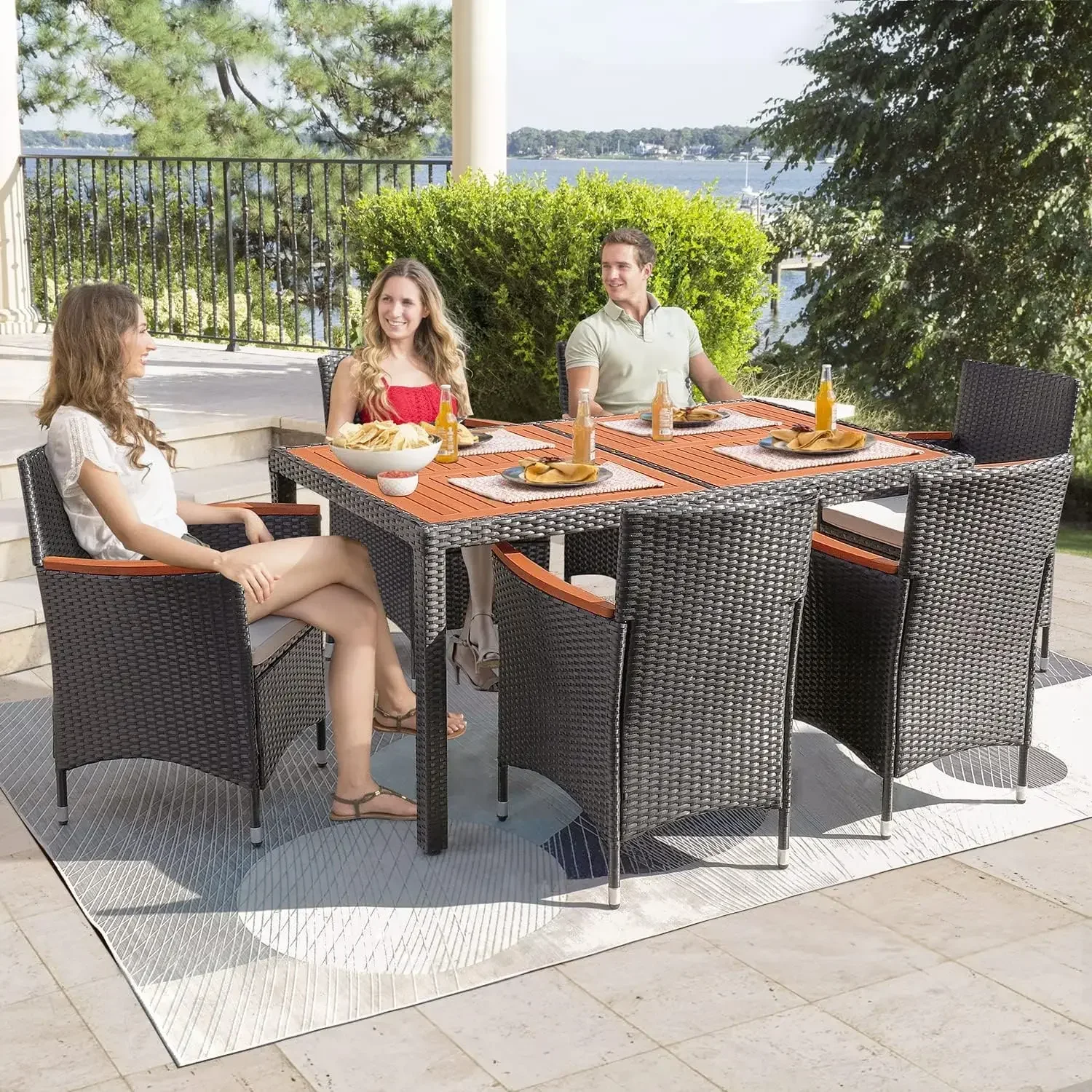 A 5/7/9 Piece Patio Dining Set Outdoor Acacia Wood and Chairs with Soft Cushions Wicker Patio Furniture for Deck, Backyard