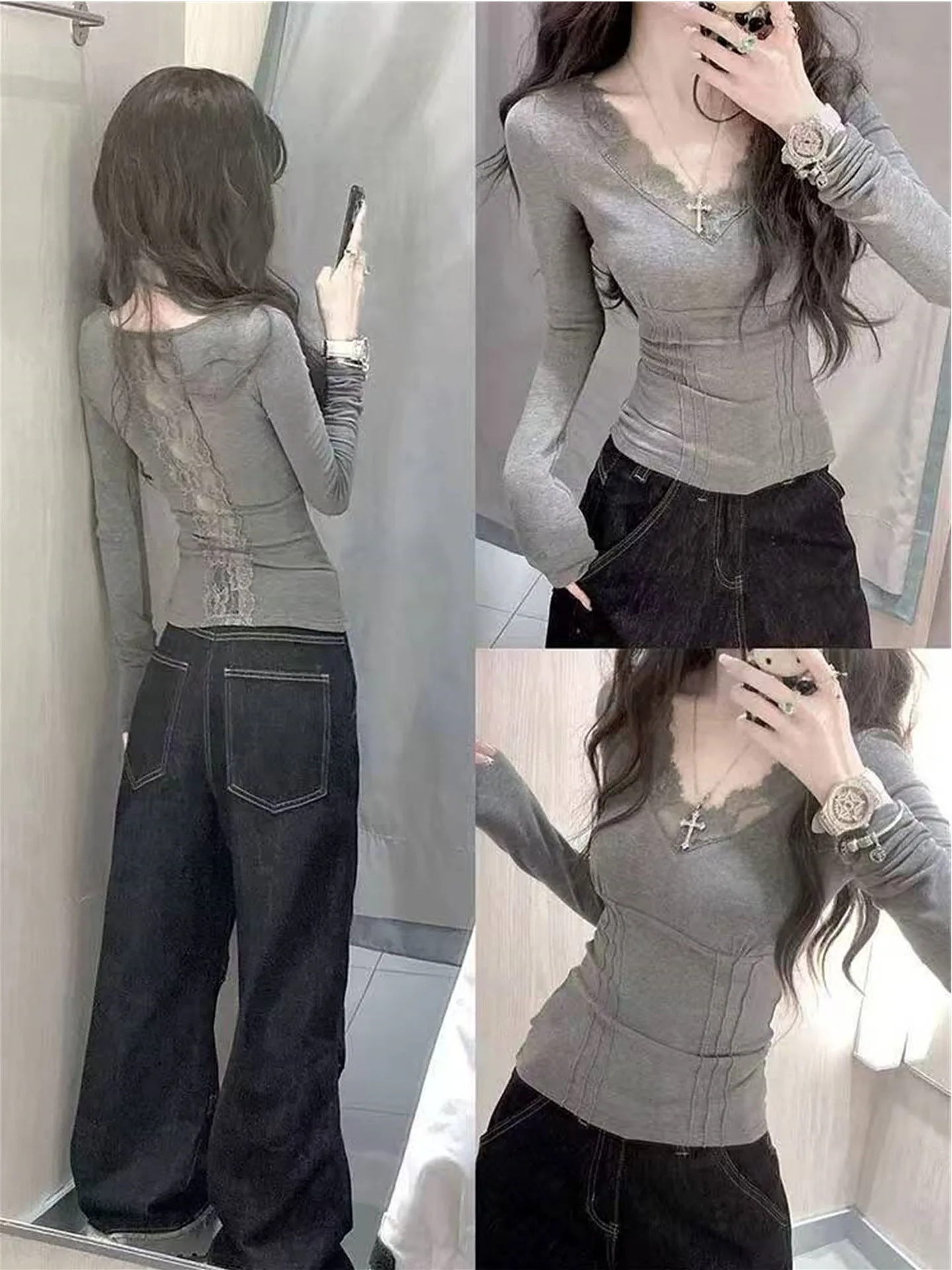 

Pure Desire Sexy ay Ba Lace V-ne Long Sve T-irt Women's Spring Autumn Winter Inner Wear Base irt Unique Exquisit...