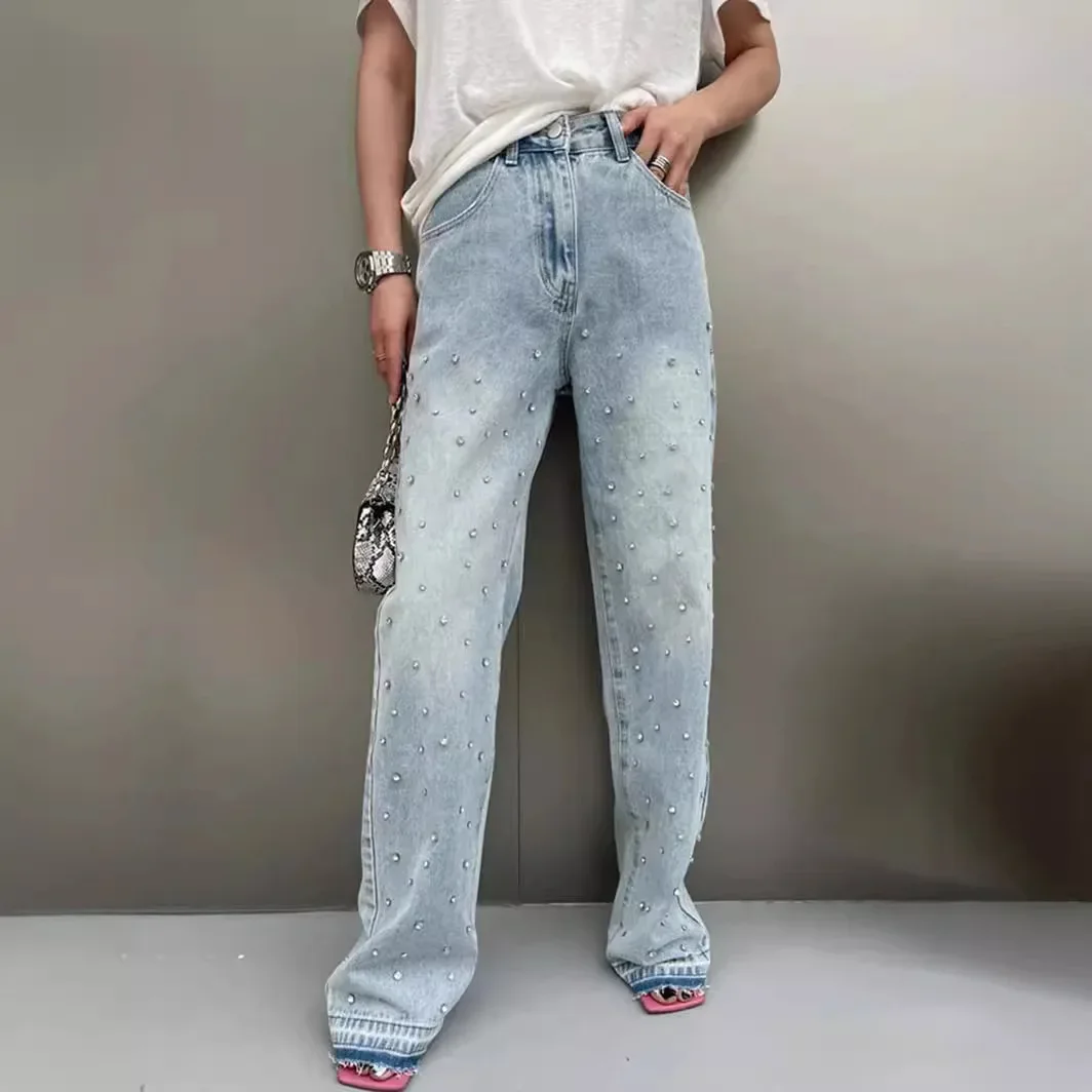 

Mom Jeans Straight Pants Women Denim Trousers High Waist Diamonds Vintage Distressed Washed Pockets 2025 Streetwear Floor Length