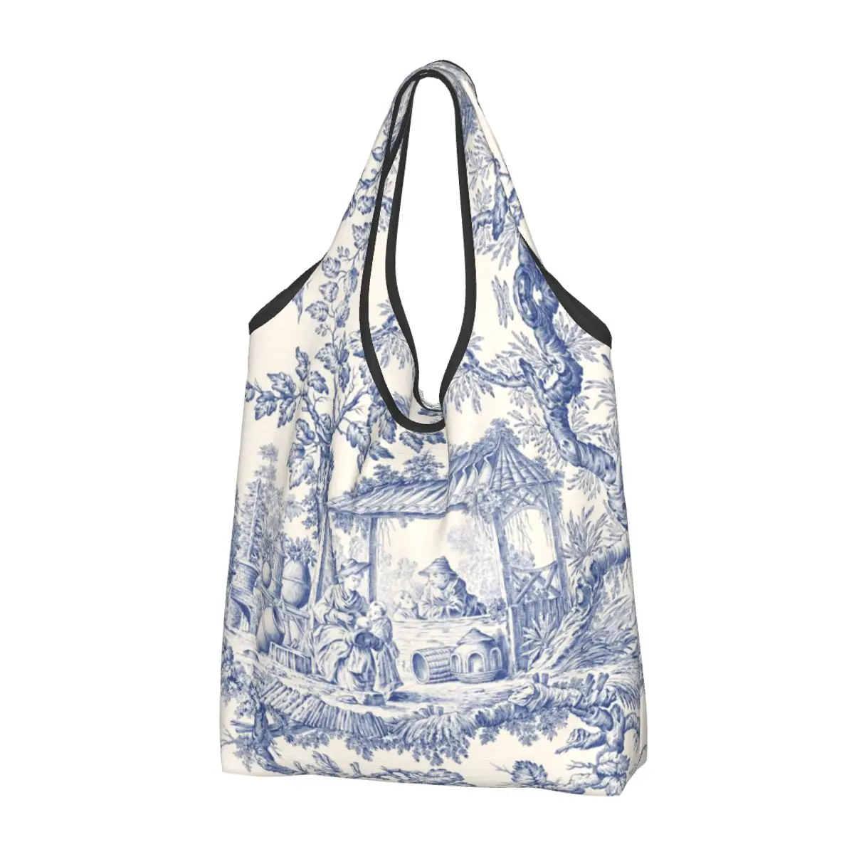 Cute Vintage Classic French Toile De Jouy Navy Blue Motif Pattern Shopping Tote Bags Portable Groceries Shopper Shoulder Bag