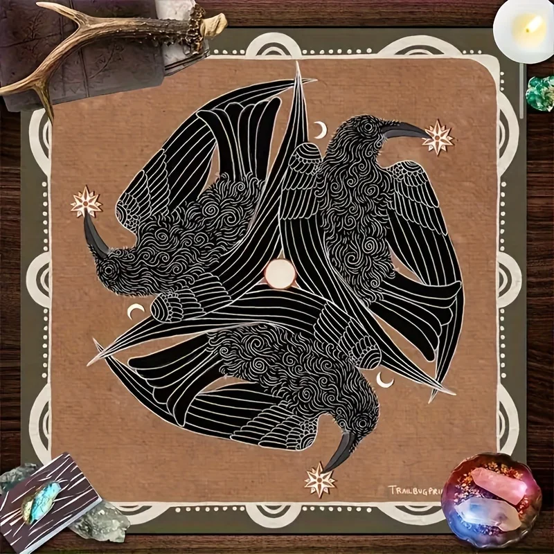 VIKAMA Triple Raven Tarot Altar Cloth Vintage Nordic Style Star Moon Print Witchy Divination Table Tapestry