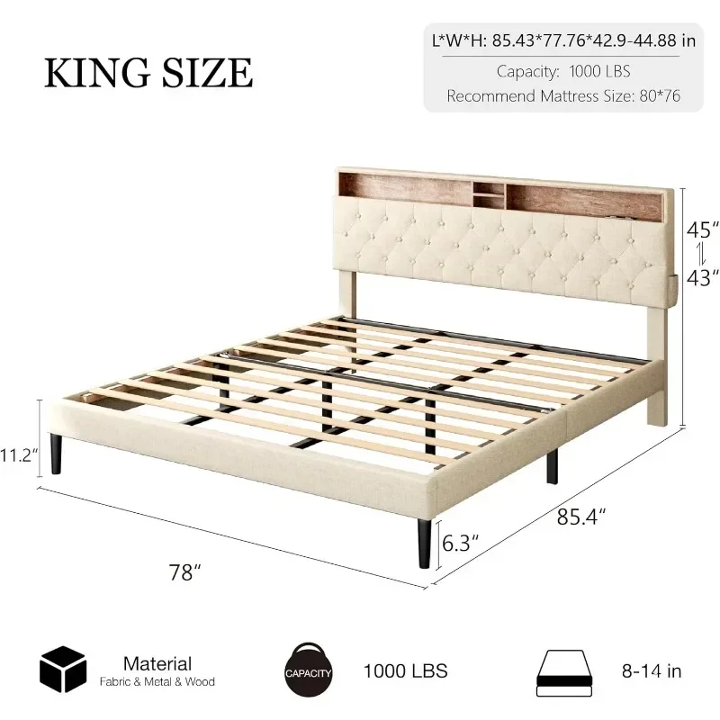 Struttura del letto King Size-letto a piattaforma in legno resistente con contenitore e testiera regolabile