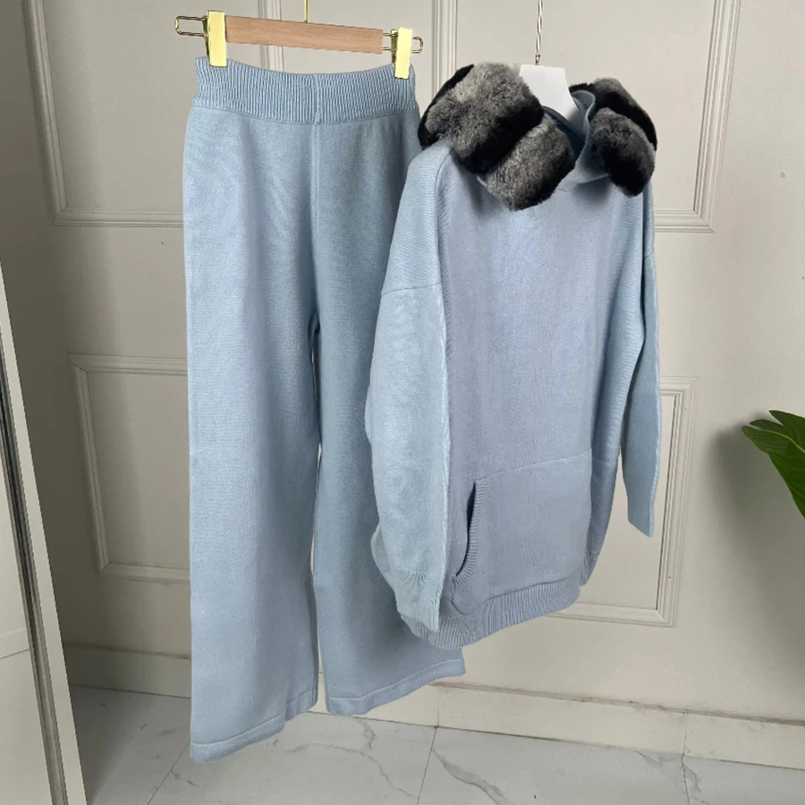 진짜 토끼 모피 칼라가 있는 여성용 캐시미어 스웨터 여성용 진짜 양모 모피 자켓 베스트 셀러 럭셔리