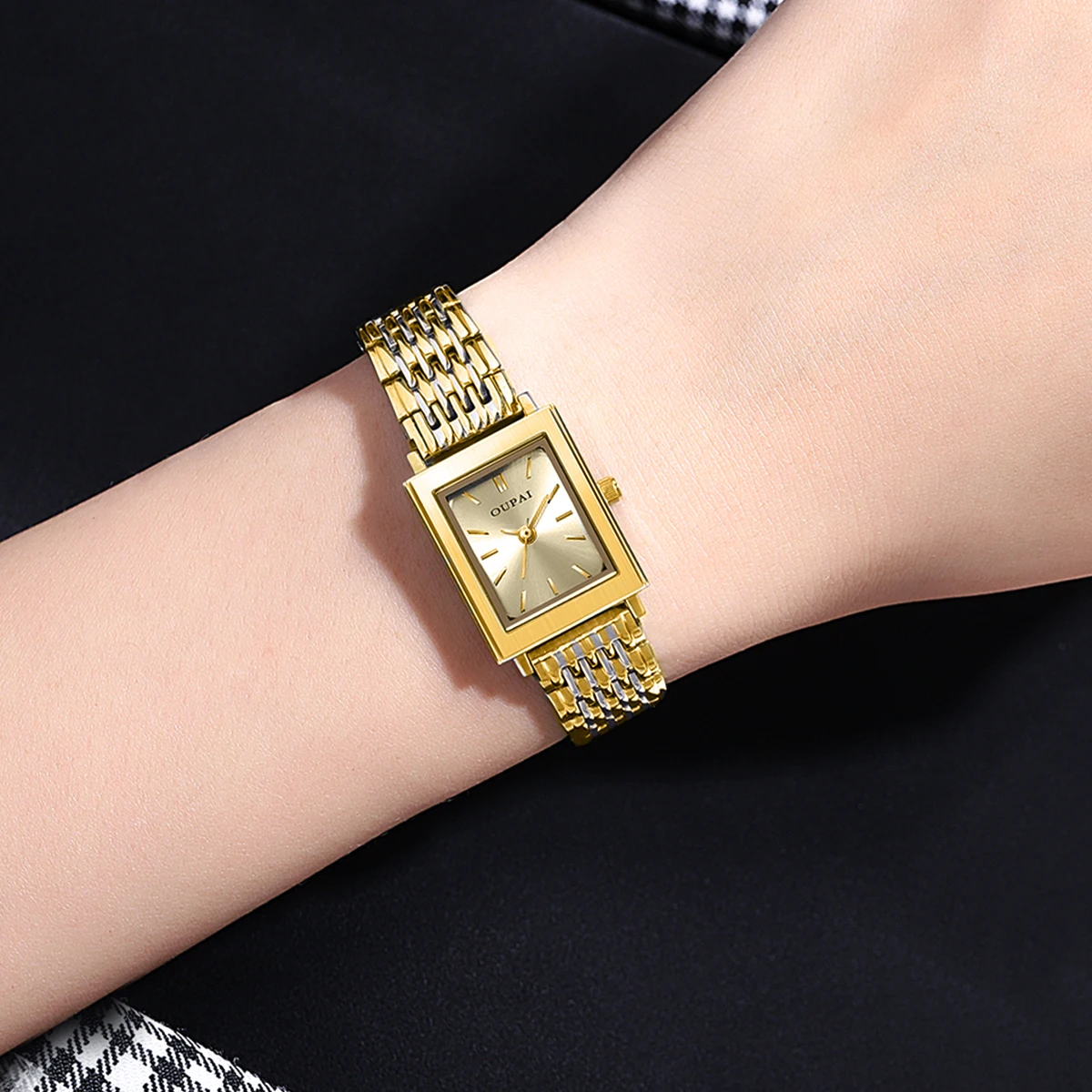 Oupai прямоугольные женские часы с кварцевым механизмом, золотой материал из нержавеющей стали, изысканные модные и простые женские наручные часы