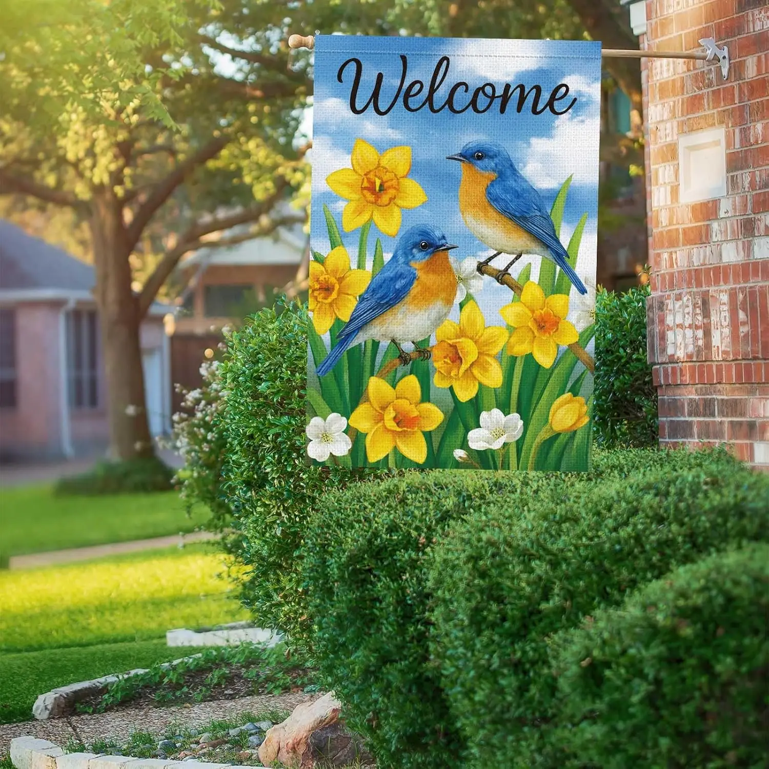 Heyfibro Welcome Spring Garden Flag 28x40 Double Sided Burlap, Blue Birds & Yellow Daffodils Yard Banner for Rustic Seas AAS