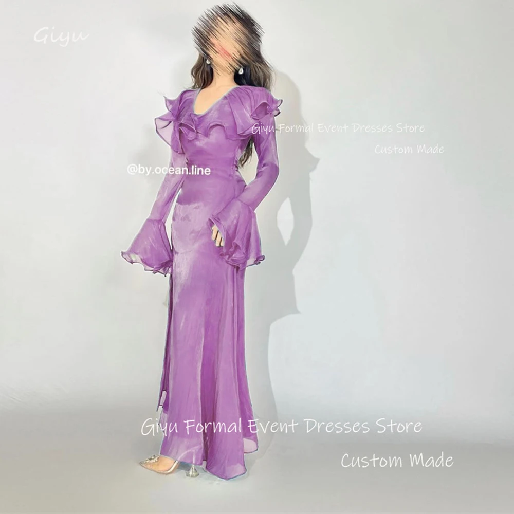 

Giyu Vintage Purple Silk Organza Evening Dresses Saudi Arabic Women Flare Long Sleeves V Neck Split Prom Gowns Formal Party