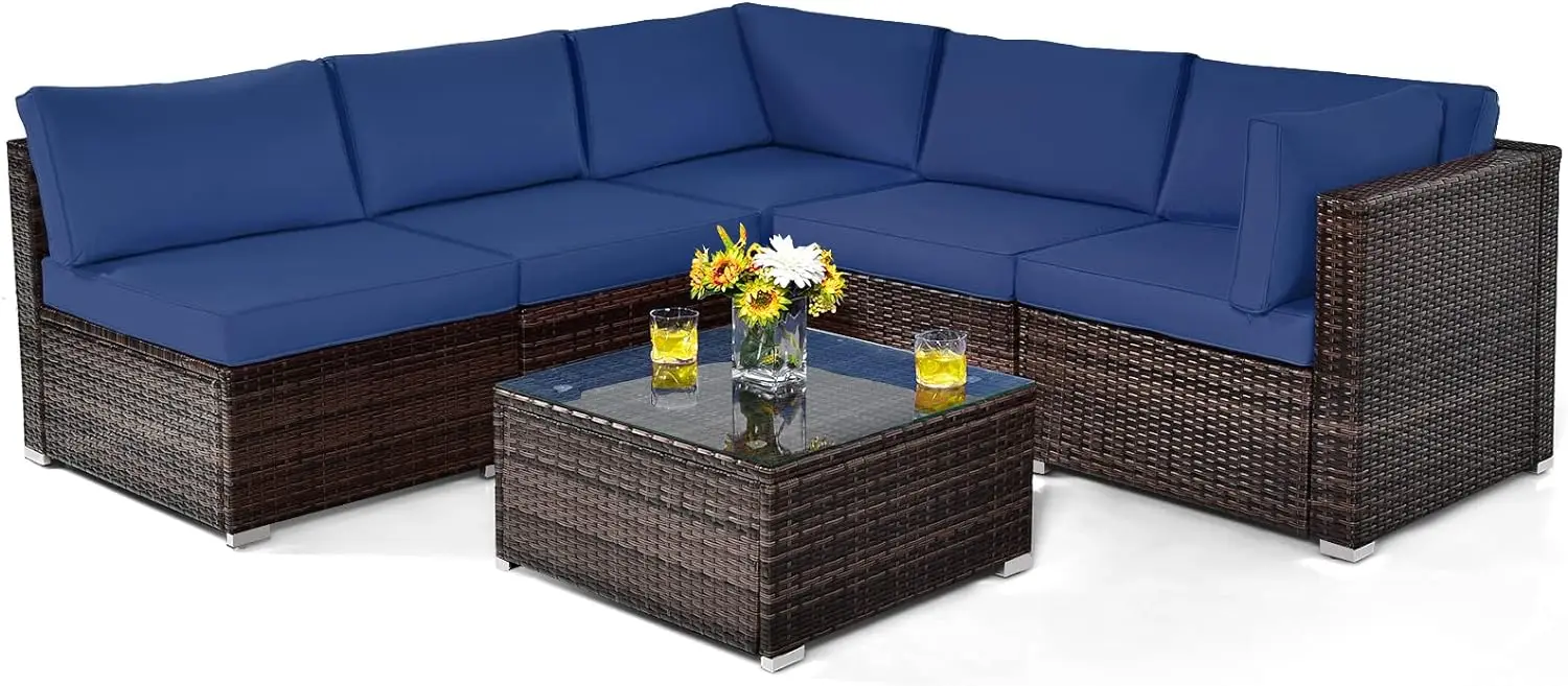 

6 Pieces Patio Furniture Set, Outdoor Wicker Conversation Set with Glass Coffee Table, Wicker Sofa Set with Back & Seat Cushions