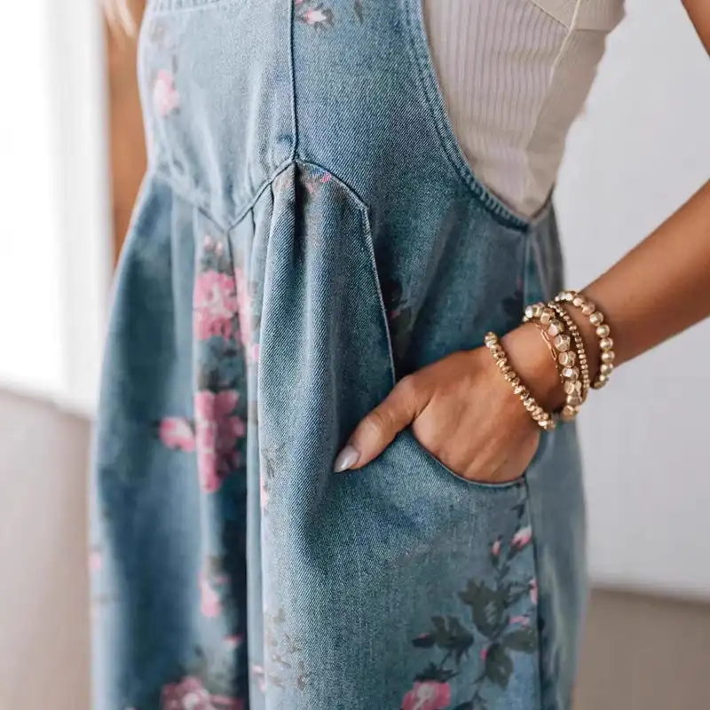 

2025 Vintage Floral Printed Denim Jumpsuit Vintage Virágmintás Farmer Overall