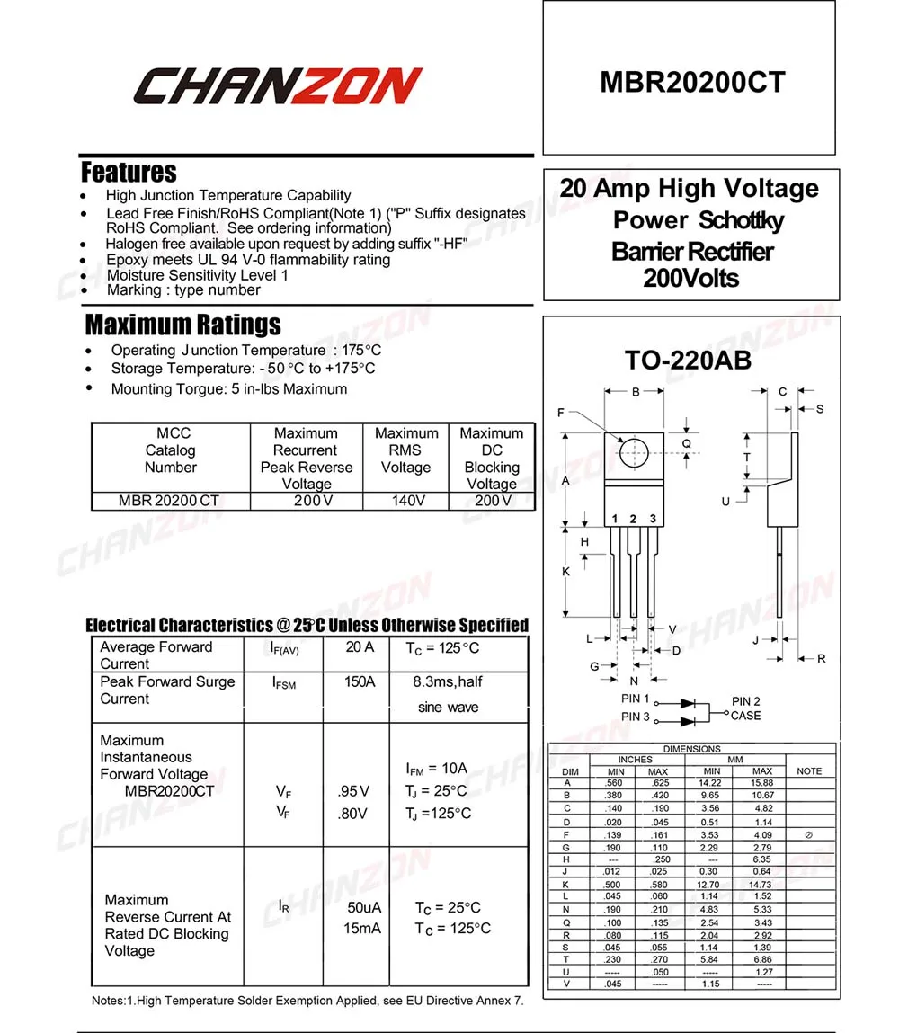 10 Pcs Chanzon MBR20200CT Schottky Barrier Rectifier Diodes 20A 200V TO-220AB TO-220 20 Amp 200 Volt