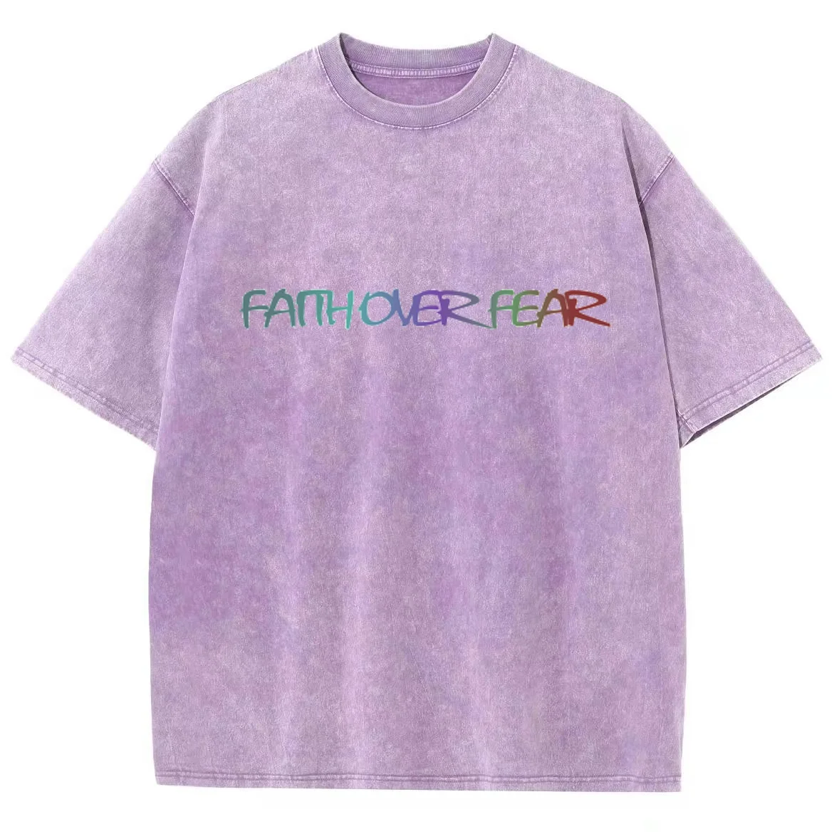 Faith Over Fear Y2k Washed Short Sleeves T-Shirt, Creative Printed Unisex Vintage Streetwear New Fashion Casual Tee Plus-Size