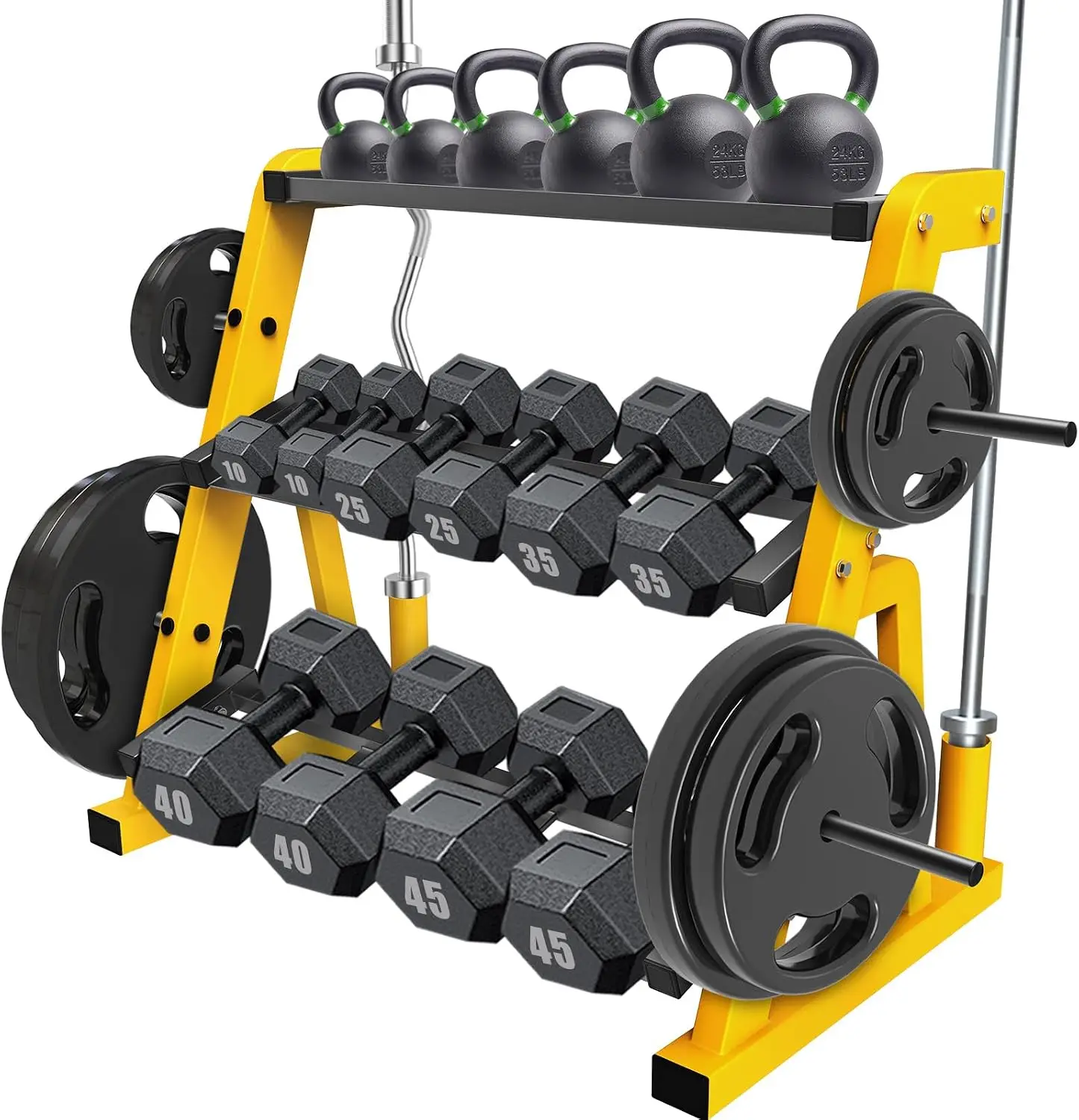 Heavy Duty Three Tier Dumbbell Rack Stand Multifunctional Weight Rack Storage Holder Display Stand Base Unit For Dumbbell Kettlebell Barbell Plate Barbell Bar Home Gym Yellow Black - view 2
