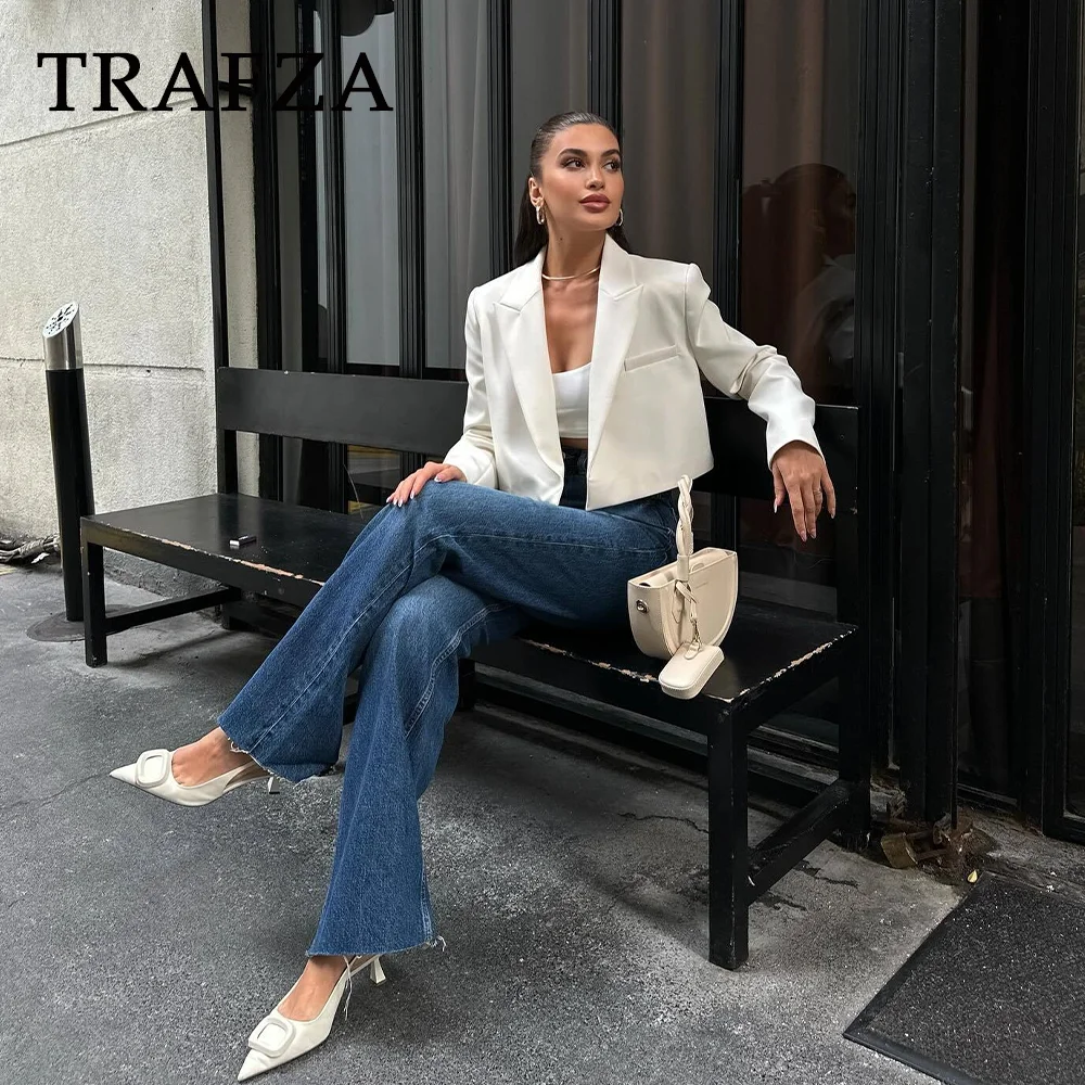 TRAFZA-Veste Courte Élégante et Chic pour Femme, Blazer Décontracté à Bouton Unique, Couleur Unie, Printemps Été 2024