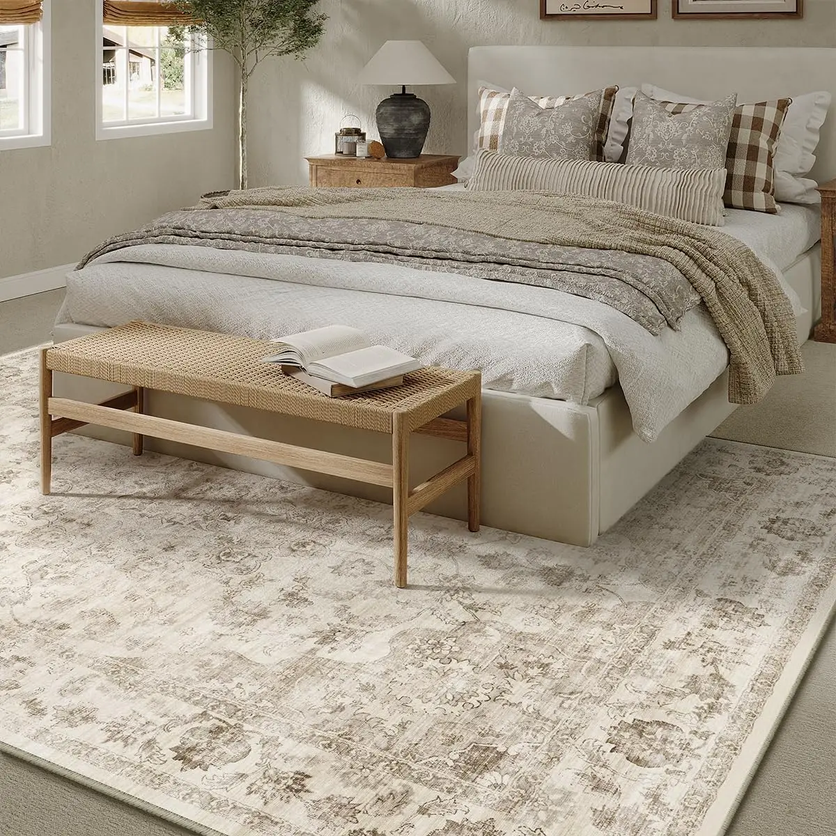 8x10 Washable Neutral Area Rug Beige Vintage Living Room Bedroom Carpet Non-Slip Soft Low Pile Farmhouse Indoor Large Throw Rug