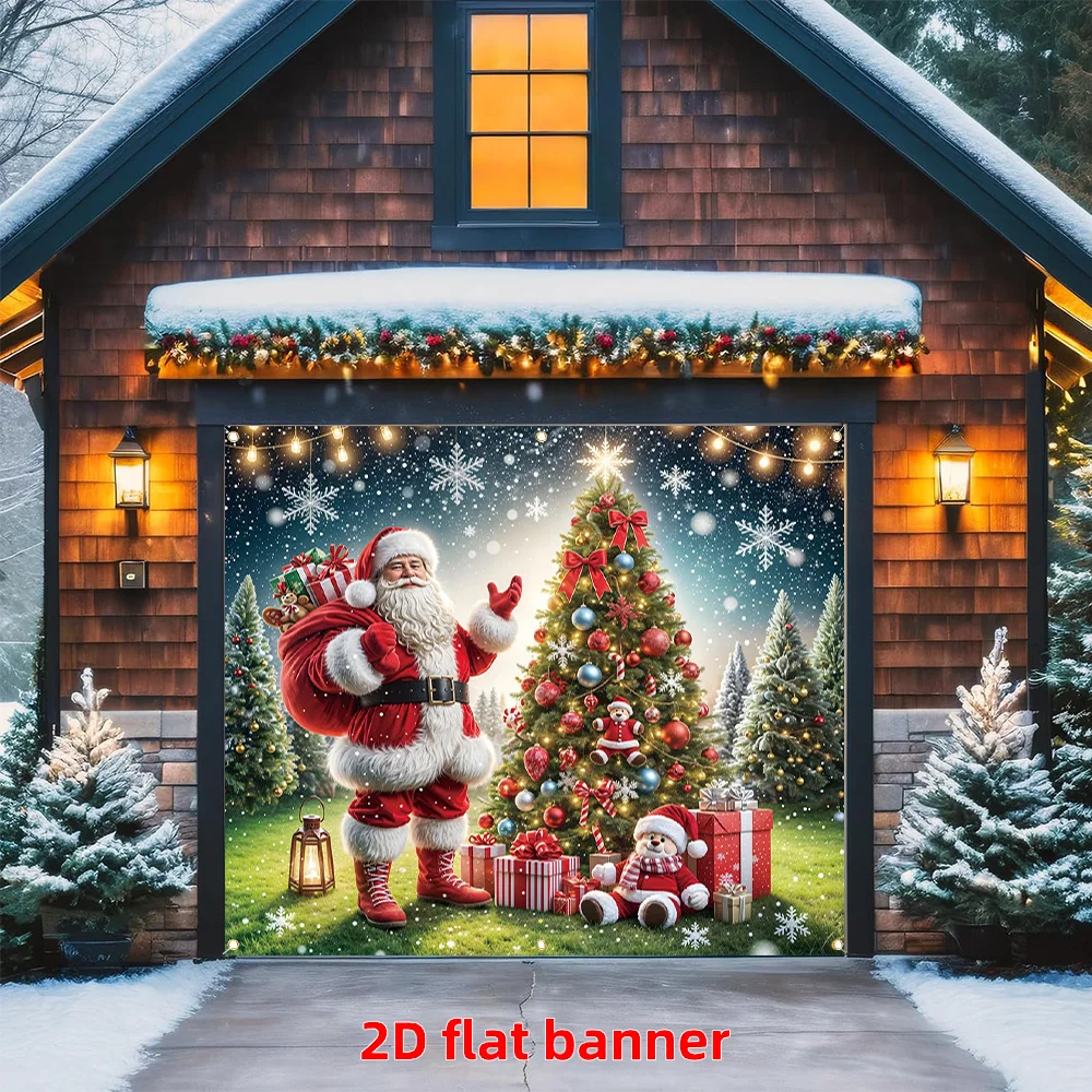 Snowy Garage Christmas Banner Santa Claus Tree Gifts Winter Scene 2D Flat Outdoor Decoration Holiday Yard Display Festive Door