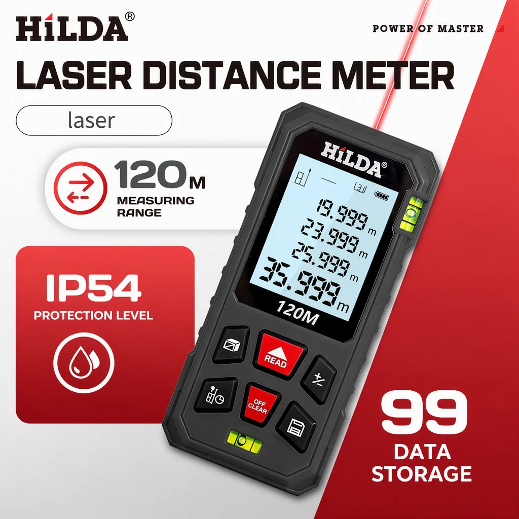 HILDA 120M Laser Rangefinder Area Volume Pythagorean Calculation Laser Distance Meter for Engineering Interior Decoration Survey