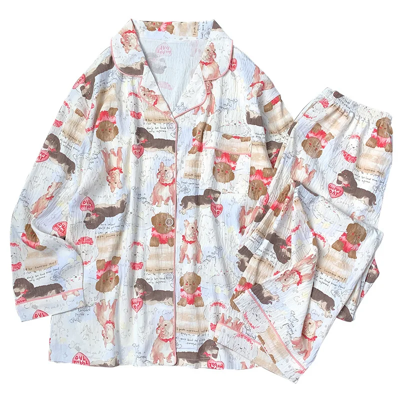 Autumn Ins Style Cute Dog Party Printed Pajamas Loungewear Set Women Long-Sleeved Cloud Cotton Loungewear Set Actual Photos