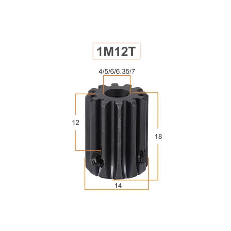 Black Oxide Industrial 1M 12T Spur Gear Bore 4 5 6 6.35 7mm Motor Gear Low 45# Steel Material Metal Gear For Motor