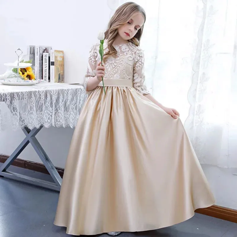 

Champagne color Satin Girl dresses Lace appliques bespoke elegant long skirt kids formal occasion birthday party evening gown