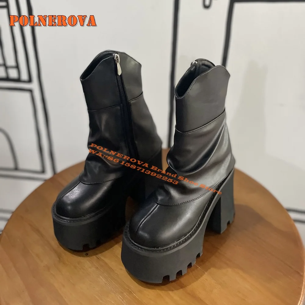 Platform Pleated Patchwork Sleeve Boots Round Toe Height Increasing Large Size Couple Punk Casual Ankle Boots Runway Show 2024