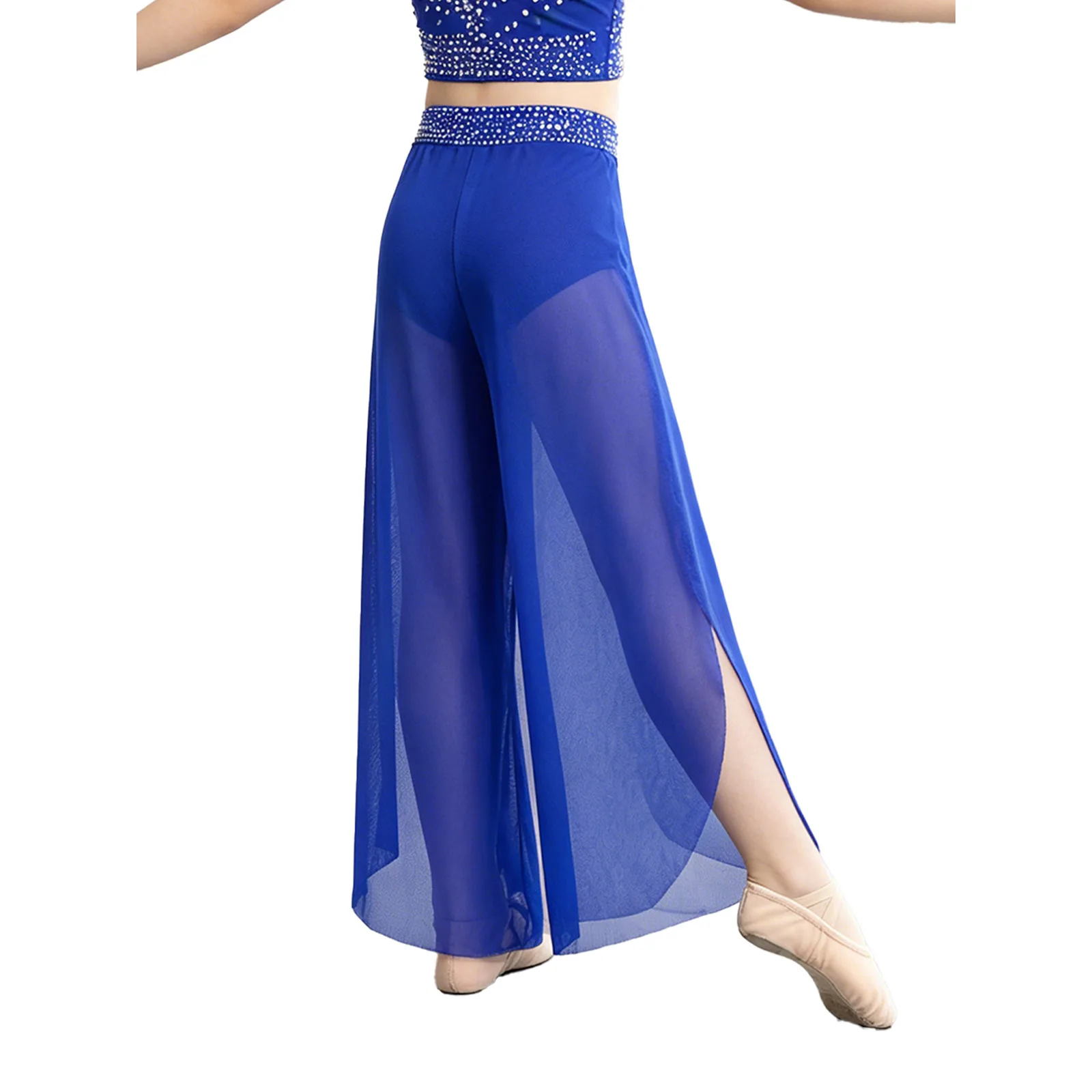 

Children Girls Modern Lyrical Dance Costume Shiny Rhinestone Waistband Side Split Mesh Pants Ballet Skating Gymnastics Leotard