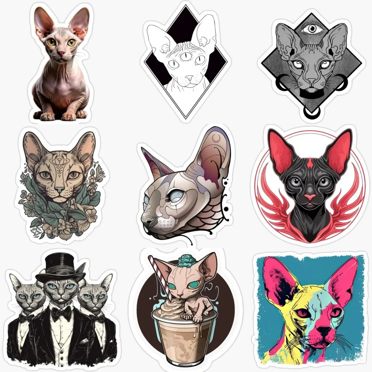 

Canadian Hairless Cat Sphynx Cat Pets PVC Waterproof Stickers for Decorate Car Van Wall Bicycle Bumper Fridge Decal Accessories