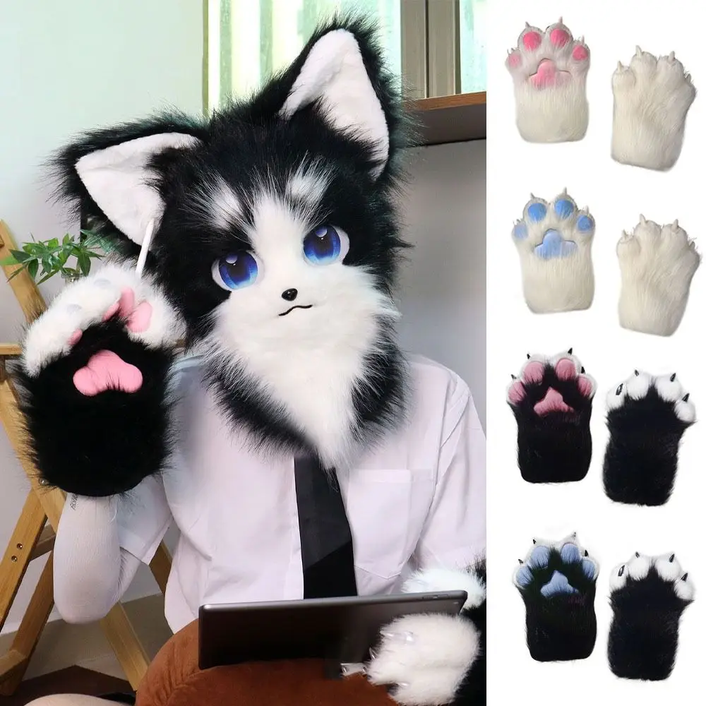 Fashion Cartoon Cosplay Costume Gloves Squeaky Kig Fursuit Kigurumi Plush Cat Paw Gloves Warm Furry Cat Claw Mittens Club