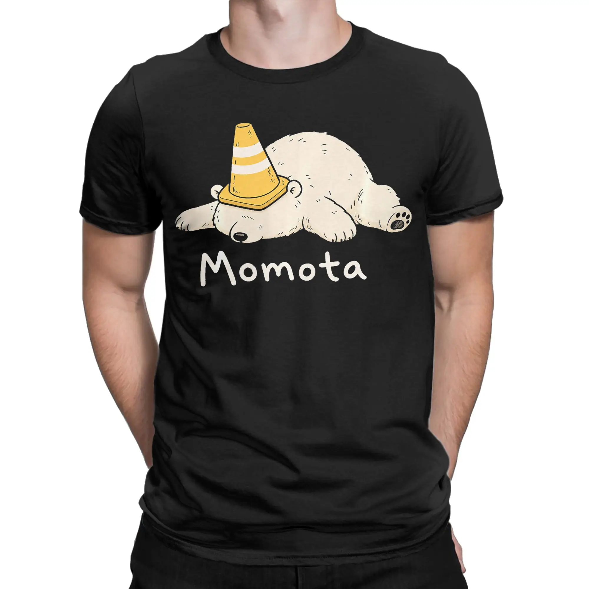 Momota Not Today Cute Lazy Polar Bear with Traffic Cone Summer  Pure Cotton T-Shirts For Men's Tshirt Short Sleeves Clothes