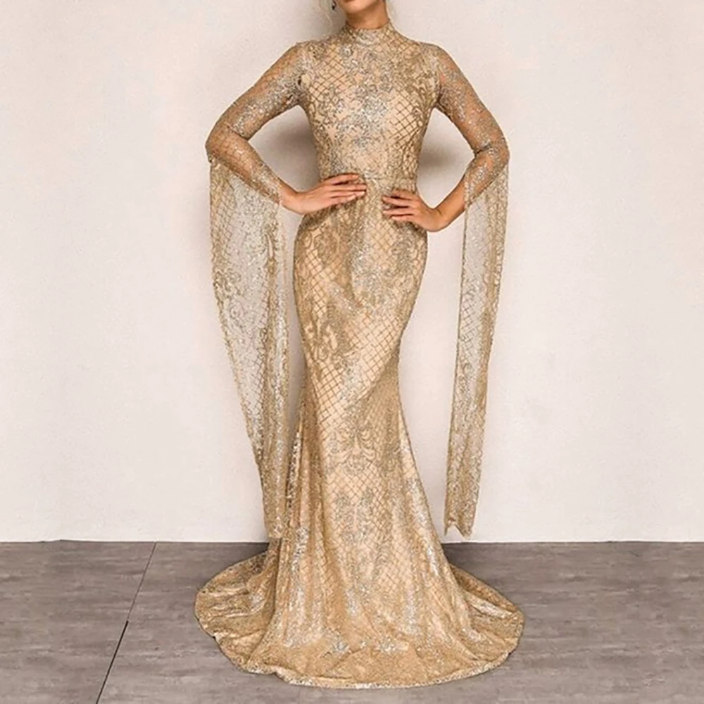 

Women's Luxury Sequins Wedding Dress Elegant See-through Mesh Sleeve Crew Neck Bodycon Dress Autumn Party Maxi Evening Dresses