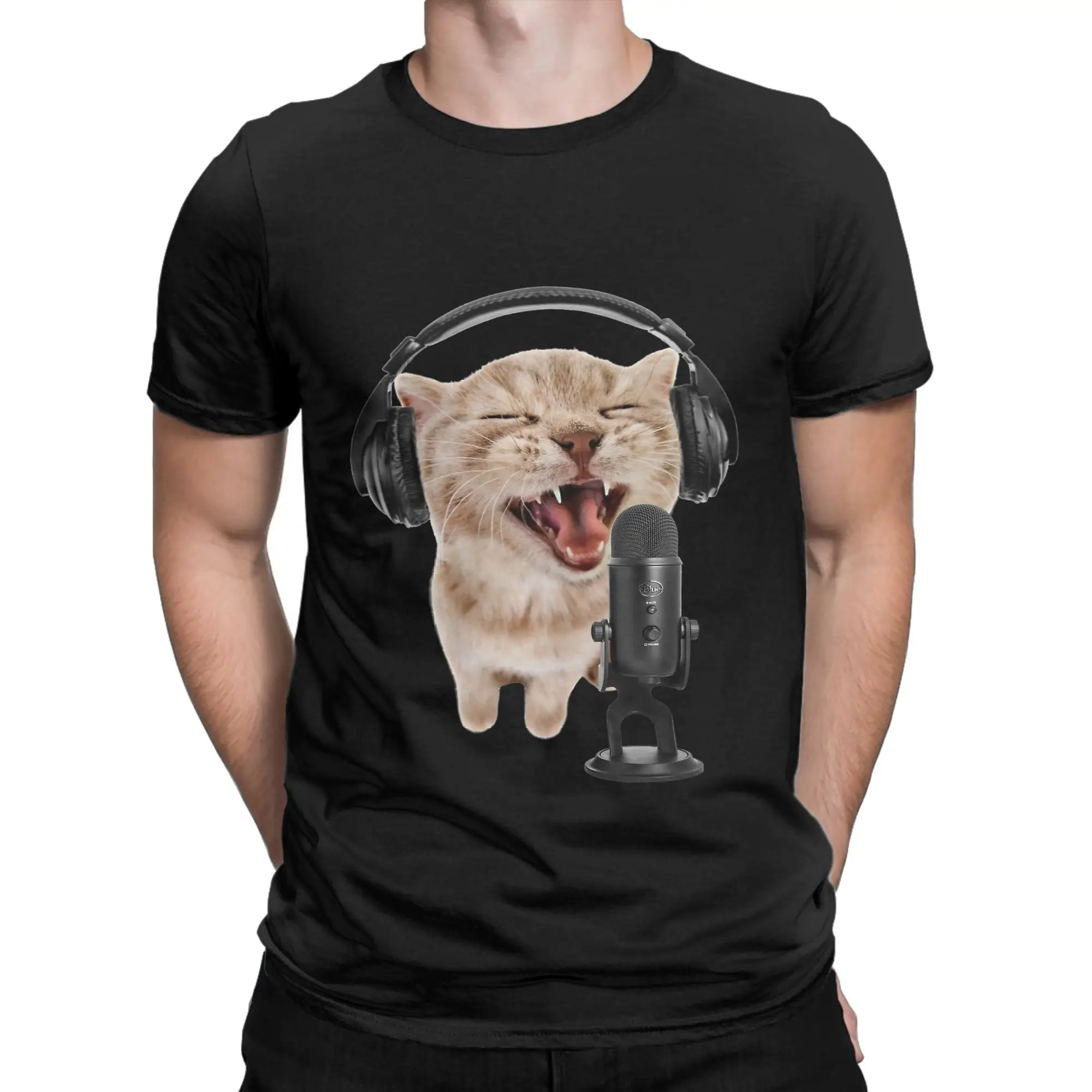 Singer Cat Rapping Meow Rap Funny Graphic 100% Cotton T-Shirt Meme Cat Tops Tees For Men