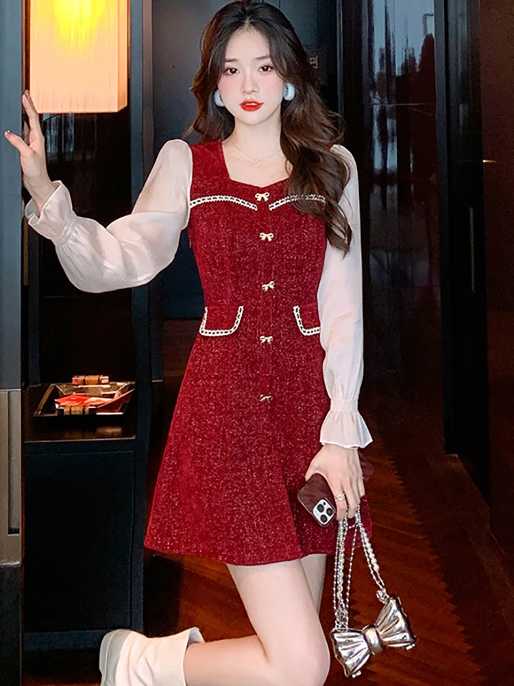 Autumn Winter Red Bright Silk Chenille Luxury Evening Dress Women Elegant Bodycon Short Dress 2024 Korean Vintage Party Vestidos