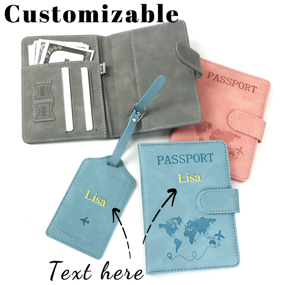 Customized Name Anti-Magnetic Passport Book PU Leather Passport Holder Luggage Tag Magnetic Snap Passport Bag Set